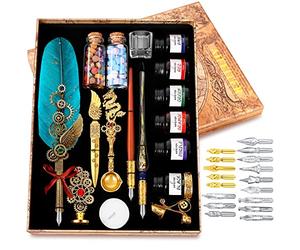 MPRINCE Quill Pen Feather Calligraphy Pen and Ink Set,Wax Seal Stamp Set,includes Quill Pen,Glass Dipping Pen,Wooden Dipping Pen,6 Bottles of Ink,8 Sheets of Writing Paper,Envelope-Green