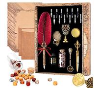 MPRINCE Quill Pen-Feather Calligraphy Pen Ink Set,Includes Feather Dip Pen,Ink,12 Replacement Nibs,Pen Holder,2 envelopes,8 sheets of envelope paper,Tree of Life Seal(Red)