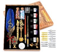 MPRINCE Quill Pen Ink Set-Feather Calligraphy Pen and Ink Set,Includes 6 Bottles of Ink,Quill Pen,Glass Dipping Pen,Wooden Dipping Pen,17 nibs,8 Sheets of Writing Paper-Blue