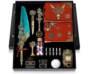 MPRINCE Quill Pen Ink Set Leather Notebook With Quill Pen, Notebook, 5 Replaceable Nibs, Seal Stamp, Spoon, Wax Beads, White Wax, Ink, Pen Holder, Cup, Envelope(green)