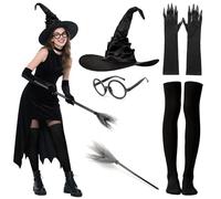 Mprocen 5Pcs Women's Witch Hat Halloween Adult Accessory Set Wizard Hat Gloves Sock Glasses Broom Costume Outfit Cosplay Party