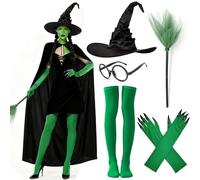 Mprocen 6PCS Halloween Witch Cape For Women, Witch Costume Accessories Green Cloak witch Hat Gloves Stockings and Broom World Book Day Costume for Halloween Christmas Cosplay and Themed Parties
