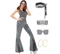 Mprocen 70s Disco Costume for Women, 70s Disco Fancy Dress, Women's Disco Jumpsuit for Halloween, Carnival, 1970s Disco Theme Party