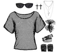 Mprocen 80s Fancy Dress for women, 1980s Fancy Party Costume Accessories, Retro Hip Hop Fishnet Top Studded Gloves Belt Lace Bow Headband Necklace Earrings for Halloween Carnival 80's Theme Party