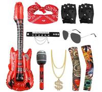 Mprocen 9-Piece Rock Star Costume Set Halloween Punk Rock Party Outfit Gothic Rock Formal Wear Set with Headscarf Inflatable Guitar 70s 80s Heavy Metal Disco Costume Accessories
