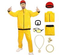Mprocen 90s Rapper Celebrity Ali G Costume Adult, 80s 8-Piece Funny Yellow Shell Suit with Necklace Glasses Beard, Red Hat, Necklace, Bracelet & Ring for Xmas Party Carnival Halloween Stag Do (L)