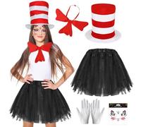 Mprocen Cat Theme Fancy Dress Costume World Book Day Week Halloween Striped Hat Tutu Skirs and Bow Tie, Childrens Adults Tall Hat, Kids Cat Cosplay Fancy Dress Costume
