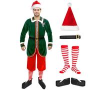 Mprocen Christmas Elf Costume Set 6PCS Adult Elf Top and Pants Set with Hat Belt and Striped Socks Perfect for Christmas Costumes(M)