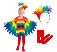 Mprocen Girls Pretty Parrot Costume, Fairy Animal Strap Dress Costume, Fancy Carnival Children'S Parrot Set 4pcs Skirt, Wings, Headband, Pantyhose (5-6Y)