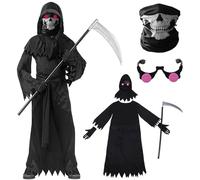 Mprocen Grim Reaper Costume Kids, Child Halloween Costume Grim Reaper Costumes Glasses Mask Scythe Glove Child Scary Ghost Robe Cosplay Party Dress Up