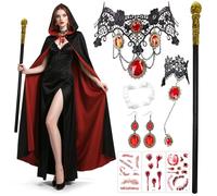 Mprocen Halloween Adult Vampire Cape Costume Set with Accessories 9PCS Red Black TwoTone Hooded Gothic Cape Outfit Halloween Costume Unisex Medieval Vampire Cloak