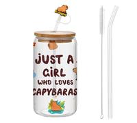 Mprocen Lidded Glass Straw Cup with Adorable Capybara Design Canned Style Water Cup Unisex Gift for Valentines Day or Birthdays