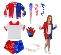 Mprocen Quinn Costume for Kids Adult, Quinn Cosplay Costume Quinn Fancy Dress Jacket T-shirt Shorts Gloves, Clown Girls Cosplay Costume for Halloween Carnival World Book Day (KID 130cm)