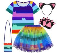 Mprocen Rainbow Tutu Dress for Girls, World Book Day Halloween Cat Costumes with Cat Ears and Paws Gloves Crossbody Bag, Cat Princess Costumes for Kids Birthday Carnival Cosplay