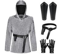 Mprocen Renaissance Faux Chain Mail Armor Tunic Shirt Coif Halloween Medieval Knight Cowl Crusader Costume outfit Viking Waist Belt Set