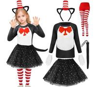 Mprocen The Cat in the Hat Kids Costume Set, Halloween Cat Outfit with Hat and Bow Tie Gorgeous Dress with Red and White Striped Socks Halloween Party Girl Costume World Book Day Theme