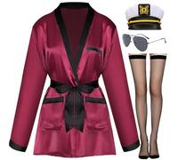 Mprocen Women's Red Satin Kimono Robe Adult Captain Hat Halloween Cosplay Costume Accessories Set Silk Jacket Robe Outfits, Red, Medium