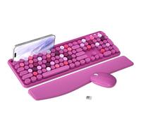 MPTOG Colorful Wireless Computer Keyboard and Mouse Combo with Phone Holder, Wrist Rest, Typewriter Keys, 2.4GHz Wireless, Full-Sized Optical Mouse for PC and Laptop (Rose-Red)