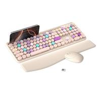 MPTOG Colorful Wireless Computer Keyboard and Mouse Combo with Phone Holder, Wrist Rest, Typewriter Keys, 2.4GHz Wireless, Full-Sized Optical Mouse for PC and Laptop (Khaki)