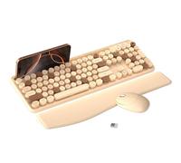MPTOG Colorful Wireless Computer Keyboard and Mouse Combo with Phone Holder, Wrist Rest, Typewriter Keys, 2.4GHz Wireless, Full-Sized Optical Mouse for PC and Laptop (Milk Tea)