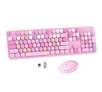 MPTOG Colorful Wireless Computer Keyboard and Mouse Combo with Round Typewriter Keycaps, Retro Design, Power Switch, Ergonomic Design, 2.4GHz Wireless for Windows, Mac, PC(Pink-Colorful)