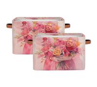 MPTPTM Cube Storage Basket, Watercolor Girl Flower Canvas Baskets with PU Handle, Large Capacity Storage Bins for Closet Toys Trunk Laundry hamper 2pcs