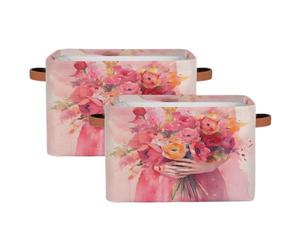 MPTPTM Cube Storage Basket, Watercolor Girl Flower Canvas Baskets with PU Handle, Large Capacity Storage Bins for Closet Toys Trunk Laundry hamper 2pcs