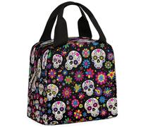 MPTPTM Portable Lunch Bag for Women Man, Colorful Sugar Flower Skull Large Capacity Waterproof Insulated Lunch Box for Work Picnic Hiking