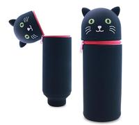 MPXEAVG School Pencil Case 2 in 1 Soft Silicone, Silicone Case, Telescopic Case, Zipper Closure, Cute School Supplies for Teenagers, White, Black Cat
