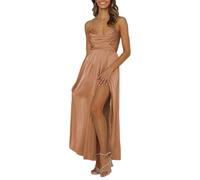 MQCVC Women's Satin Cowl Neck Backless Maxi Dress Sexy Tie Back Spaghetti Strap Ruched Wedding Guest Slit Long Dresses, Brown, XS