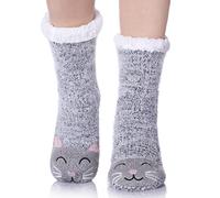 MQELONG Womens Super Soft Cute Cartoon Animal fuzzy Cozy Non-Slip Winter Slipper Socks (Gray Cat)