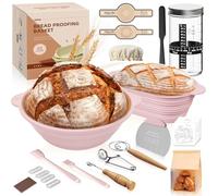 MQFORU 30Pcs Sourdough Starter Kit, Silicone Bread Proofing Basket, Pink | 28cm Round and 29cm Oval Foldable Baskets with 730ml Starter Jar, Microwave-Safe Proofing Set for Home Bakers, Washable