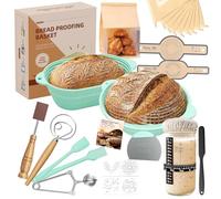 MQFORU Sourdough Starter Kit, 30Pcs Complete Bread Baking Set, 28cm Round & 29cm Proofing Basket, Easy to Fold Washable, Microwave-Safe, Perfect for Home Bakers Beginners (Mint Green)