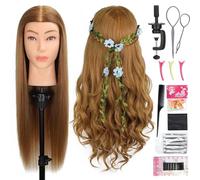 MQHIHI Mannequin Head Human Hair, 80% Real Hair, Light Brown, 26-28 Inches, Braiding, Hair-styling, Cutting, Complete Accessories with Clamp Holder and Tools Kit