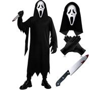MQLAE 4Pcs Kille Ghost Face Costume, Hooded Robe, Mask, Gloves & Knife Prop | Scary Halloween Scream Fancy Dress Set for Kids, Ideal for Halloween Parties, Cosplay, Trick or Treating and Events
