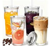 MQMCPDS 20 oz Ribbed Glass Tumblers with Lids and Glass Straws (4 Pack), Clear Leakproof and Spill Proof Glass Cups, Aesthetic Origami Water Glasses for Iced Coffee, Cocktail, Juice