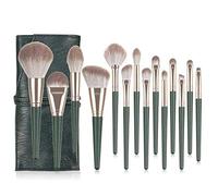 MQPALZKD 14Pcs Professional Makeup Brushes Set Deep Green Wood Handle Foundation Highlight Eyeliner Blending Brush Women Cosmetic Tools(Argento)