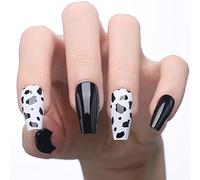 MqpQ Black Cow Print Press On Nails Medium Coffin Fake Nails Art Pattern Design 24pc Glossy Full Cover False Nails For Women
