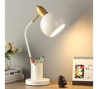MQQ Creative Desk Lamp, With Pen Tube LED Children Learning Table Lamp, Macaron Light Head Can Adjust E27 Wrought Iron Eye Reading Lighting, Bedroom Bedside Lamps (Color : White)