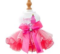MQQYLBHDS Dog Birthday Dress with Cake Pattern & Bowknot Girl Puppy Clothes for Small Dog Cat Birthday Outfit with Tutu Skirt Party Tulle Pet Apparel (Fuchsia, X-Small)