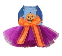 MQQYLBHDS Halloween Dog Denim Dress Pumpkin Witch Cat Costume Bow Tie Girl Puppy Outfit for Small Dogs Pet Halloween Clothes for Kitten Yorkie Chihuahua Pomeranian (Purple, Large)