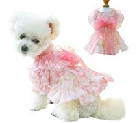 MQQYLBHDS Pink Dog Dress for Small Dog Girl Spring Puppy Clothes with Bow Puff Sleeves Cat Outfit Doggy Princess with Leash Ring Doggies Harness Dress Summer Pet Apparel (Pink, Large)