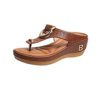 MQSHUHENMY Rome Summer Women Flip Flops Wedges Thick Slippers, High Heel Flip Flops for Women, Women's High Heel Platform Wedge Flip-Flops Beach Sandals (Brown,2.5-3)