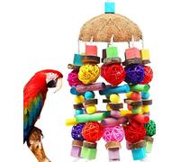 MQUPIN Large Parrot Toys with Coconut Shell, Natural Chewing Toys for African Grey, Multicolored Wooden Block Climbing, Chewing, Unraveling, Preening