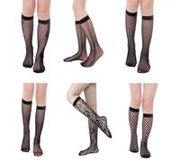 MQWDGJ 6 Pairs Fishnet Socks, Lace Knee High Socks, Black Hollow out Patterned Trouser Socks Fishnet Hold up Stockings Fashion Sheer Pop Socks for Women Girls