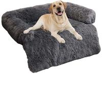 MQXDNFDC Calming Dog Bed, Ultra Soft Plush Dog Mat Sofa, Anxiety Relief Pet Cushion Dogs Cats Furniture Cover Protector Washable with Non-slip Bottom, Removable Cover with Zipper(Dark gray,105x95x15cm
