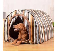 MQXDNFDC Large Pet House Dog Bed with Curtain, Orthopedic Cushion Anxiety Relief Dog Calming Kennel, Washable Waterproof Non-slip, 2-In-1 Foldable Dog Sofa Bed (M for Pet under 5kg,Pink)(Brown stripes