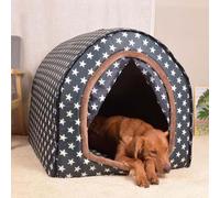 MQXDNFDC Large Pet House Dog Bed with Curtain, Orthopedic Cushion Anxiety Relief Dog Calming Kennel, Washable Waterproof Non-slip, 2-In-1 Foldable Dog Sofa Bed (M for Pet under 5kg,Pink)(Navy stars,M