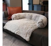 MQXDNFDC Plush Calming Dog Bed Luxury Dog Mat Sofa Fur Cat Sofa Pet Couch Furniture Protector with Non Skid Bottom, Washable Soft Warm Dog Cushion, L-90x80x13cm(Coffee,M)