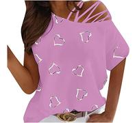 MQYXGS Women Blouse Love Print Crew Neck Shirt Short Sleeve Off Shoulder Tops Irregular Casual Loose T-Shirt Plus Size Tunic Tops Tee Shirt(Pink/16)
